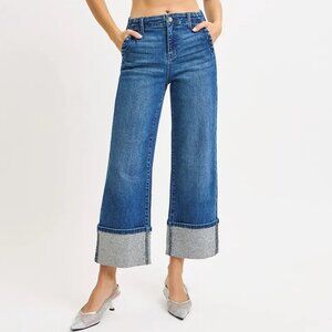 RISEN High Rise Ankle Wide Rhine Stone Cuffed Jeans